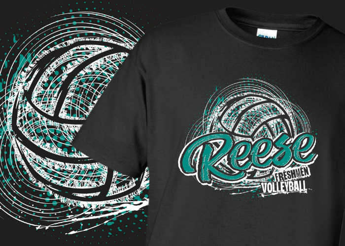 Black, Blue and White volleyball logo for the Reese freshmen volleyball team on a black tee shirt.