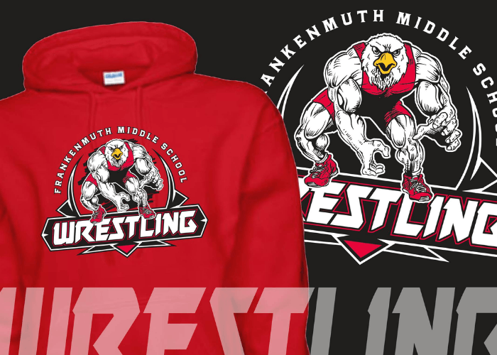 Red, black and white hoddie for the Frankenmuth Middle School wrestling team.