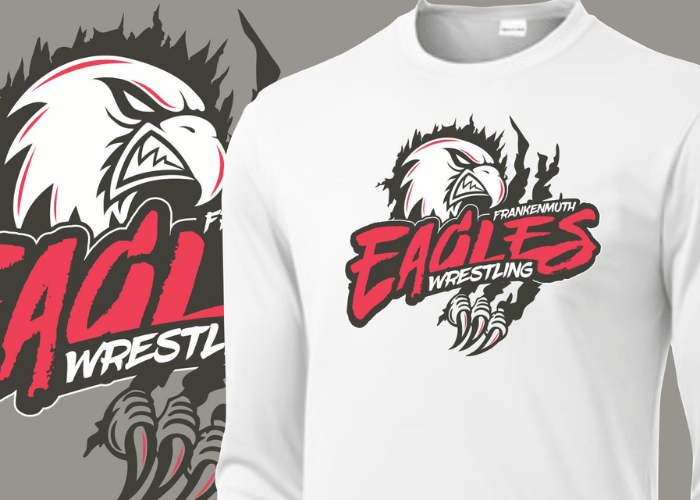 White, black and red logo with an eagle and the Frankemuth Eagles wrestling logo.