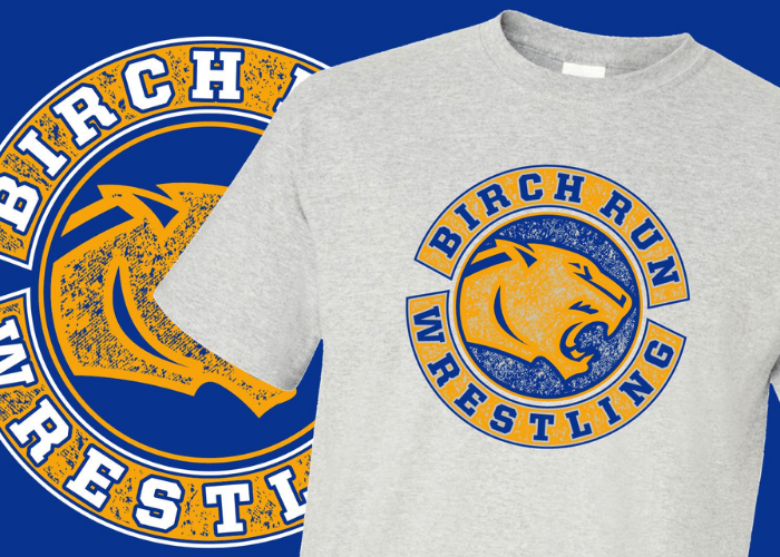 Birch Run Wrestling grey tee with roaring panther emblem.